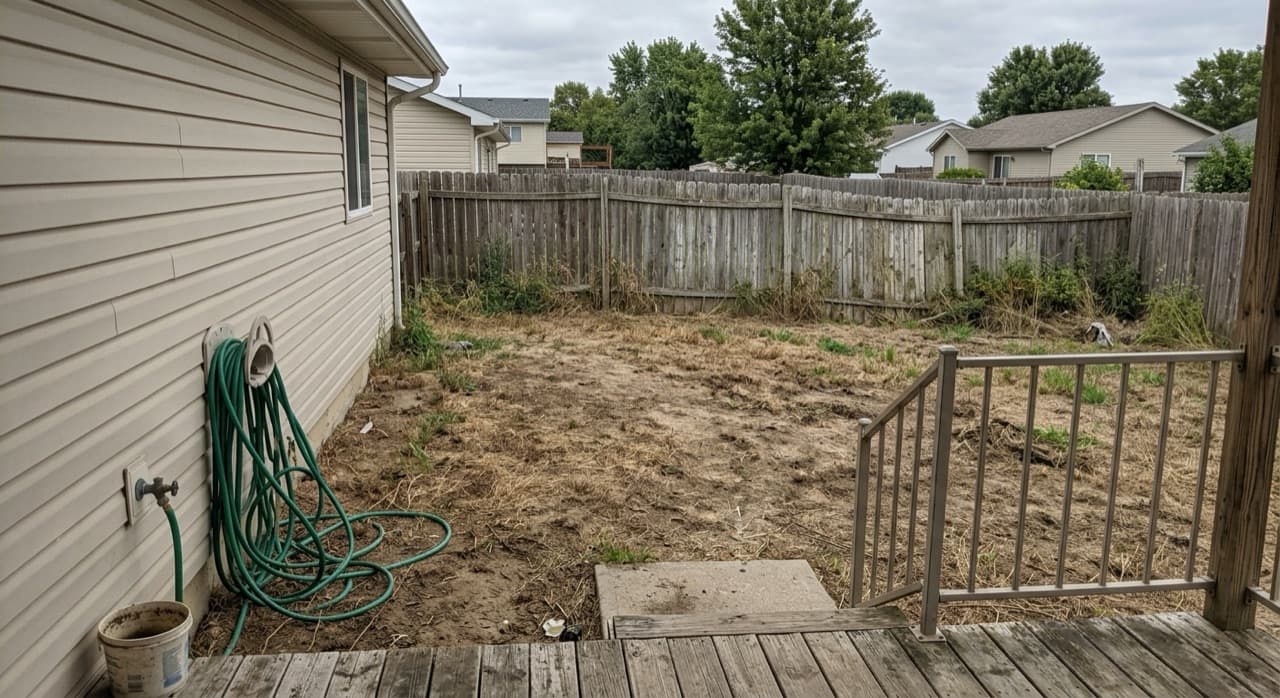 Bare dirt backyard before landscaping, photographed on a phone