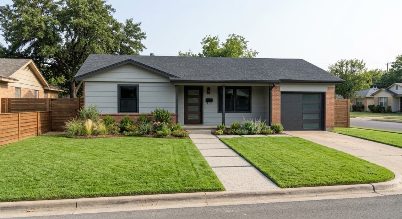 The same ranch house rendered as a completed exterior remodel